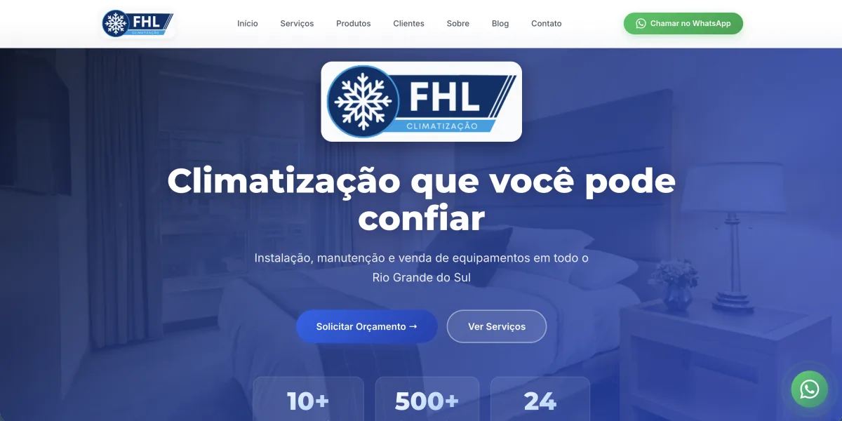 Site institucional FHL Climatizacao com servicos e orcamento online - desenvolvido pela Meu CDN
