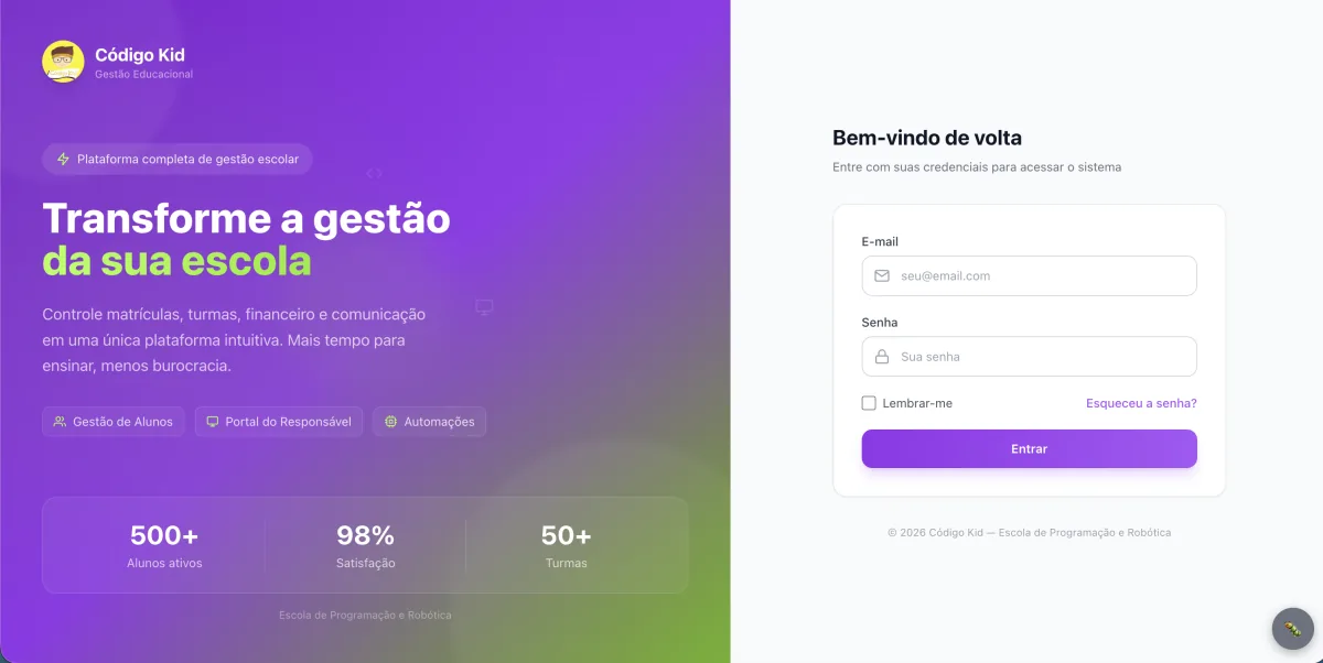 Sistema de gestao escolar TidyClass Codigo Kid com matriculas e turmas - desenvolvido pela Meu CDN
